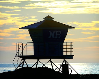 Tower at Sunset - Lifeguard tower in Huntington Beach California Photograph, Beach Decor, Wall Art, California Sunset, Beach House Decor