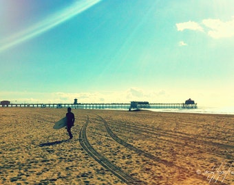 California Surfer walking on the Beach - 8x12 surf photo with Pier
