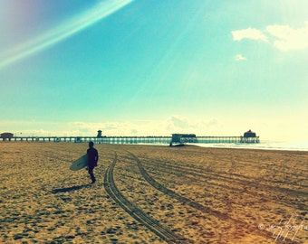 California Surfer walking on the Beach - 8x12 surf photo with Pier