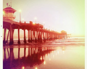 Vintage feel Beach Photo - Pier Reflections - 8x8 photo of the Huntington Beach Pier