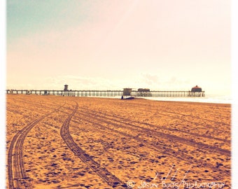 Beach Scene Square Photo - HB Mood - California Beach Photography, Beach Decor, Beach House, Huntington Beach Pier Photo, Surf City