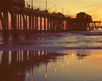 Vintage Sunset at the Beach - Huntington Beach California suset at the pier 8x12 photo