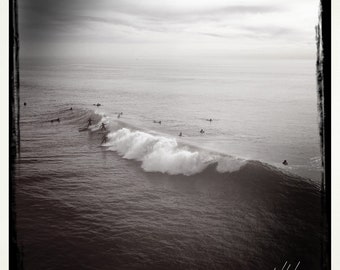 3 Surfers 1 Wave - B/W Square Photo taken in Surf City California, Wall Decor, Surfing Photo, Surf Photography, Huntington Beach