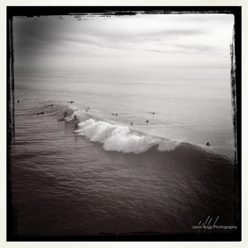 3 Surfers 1 Wave B/W Square Photo taken in Surf City California, Wall Decor, Surfing Photo, Surf Photography, Huntington Beach image 1