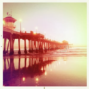 HB Pier at Sunset Vintage feel Photo - Pier Reflections 5x5 California photo