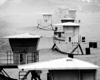 Towers in the Fog - B & W photo of the Huntington Beach Lifeguard Towers, Beach Decor, California, Beach Photograph, black and white