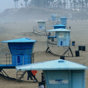 Beach Photography - Lifeguard Towers in the Fog - California Beach Photo 8X10