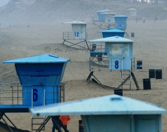 Beach Photography - Lifeguard Towers in the Fog - California Beach Photo 8X10