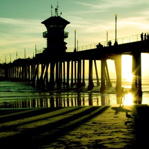 Surfer Under the Pier at Sunset - California Beach 8X12 Fine Art Photo, Sunset, California, Huntington Beach, Landscape Photo