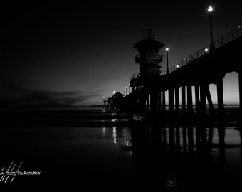 Night at The Pier - Sunset on a California Beach BW Photo of the Huntington Beach Pier, Wall Art, Beach Decor, Black & White Photo,