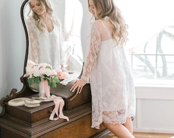 Bridal Robe-Short repurposed from mom's wedding dress. Sewgraceinspired.com turns your vintage dress into an instant heirloom.