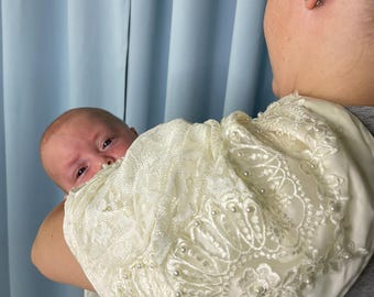 Baby blanket, repurposed from mom's wedding dress. Sewgraceinspired.com turns your vintage dress into an instant heirloom.