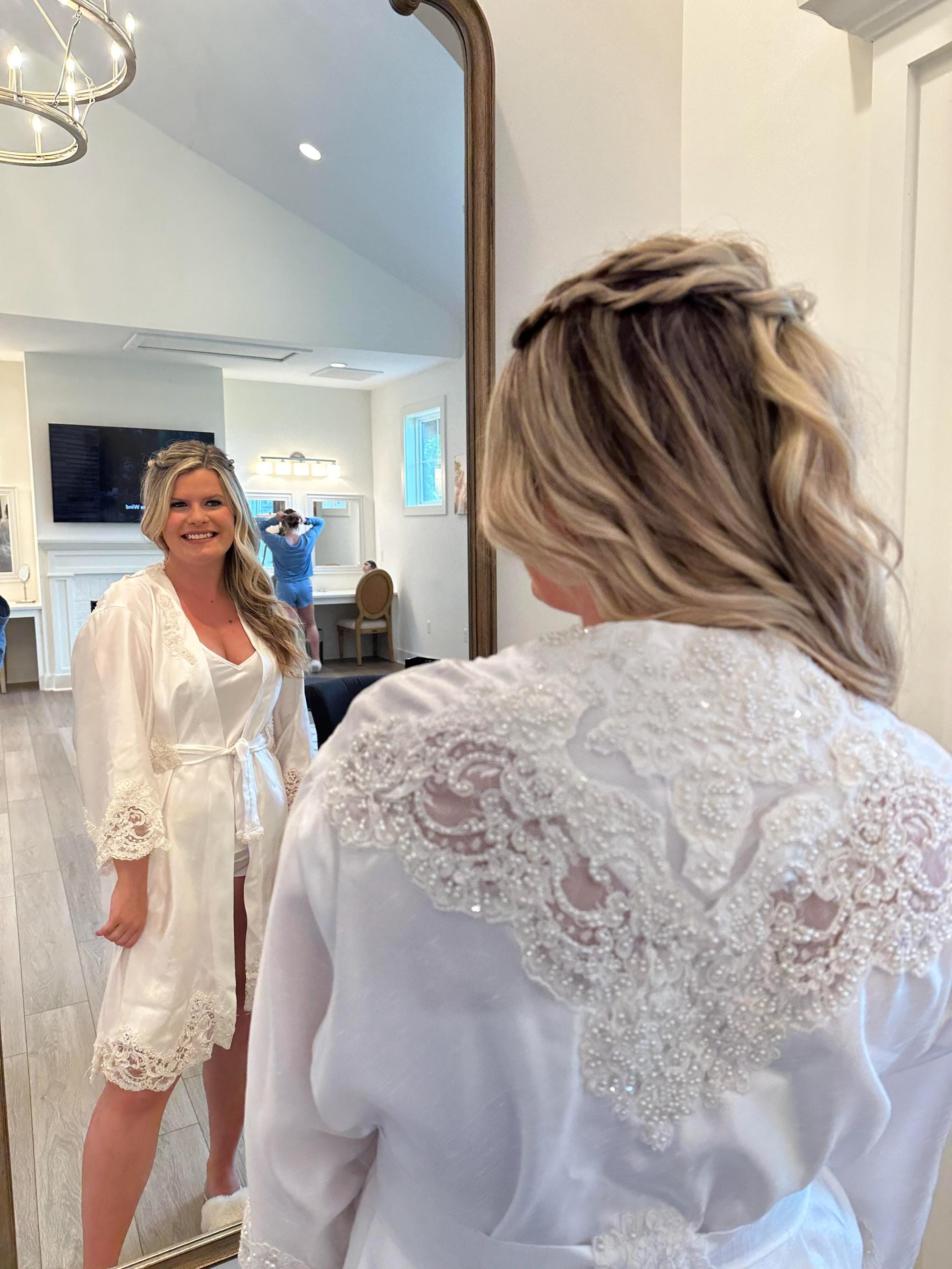 Kimono Bridal Robe-Short repurposed from mom's wedding dress. Sewgraceinspired.com turns your vintage dress into an instant heirloom.