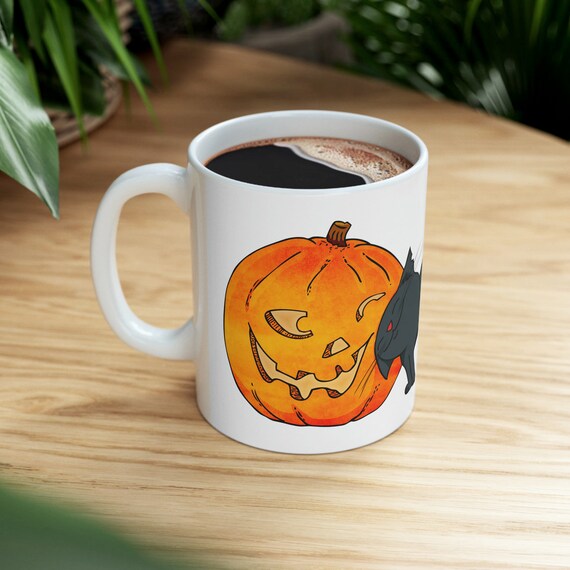 Cozy Cat Mug, Halloween Pumpkin Coffee Mug, Cute Black Cat Ceramic Mug, Fall Coffee Cup Gift