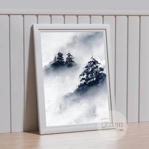 Misty Mountain Landscape Print | Black White Nature Wall Art | Minimalist Forest Art | Digital Download | Printable Poster