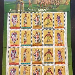 May include: Sheet of American Indian Dances stamps. The stamps feature illustrations of dancers in traditional attire, with text including "Fancy Dance," "Butterfly Dance," "Raven Dance," and "Hoop Dance." The stamps are valued at 32 cents each.