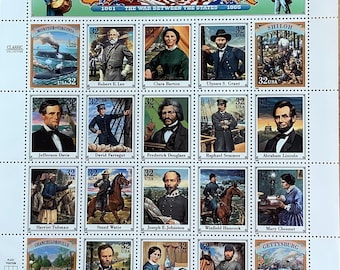 Könnte beinhalten: Ein Bogen mit Gedenkbriefmarken mit dem Titel "Civil War", der Porträts historischer Persönlichkeiten und Szenen aus dem amerikanischen Bürgerkrieg zeigt. Jede Briefmarke ist mit "USA 32" gekennzeichnet.
