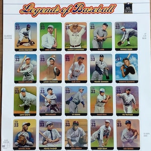 May include: A sheet of postage stamps titled "Legends of Baseball" featuring portraits of baseball players. Each stamp has a "USA 33" marking. The sheet includes names like Jackie Robinson, Babe Ruth, and Lou Gehrig.