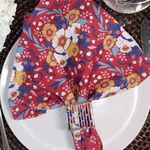 Handmade 100% Cotton Whimsical Red Floral Napkins with Mitered Corners: Set of 6