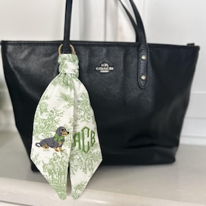 May include: A black leather tote bag with a silver Coach logo, featuring a white and green toile-patterned fabric ribbon tied to the handle. The ribbon displays a printed dachshund illustration and the embroidered green monogram letters ACB.