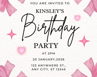 Editable Pink Bow Birthday Invitation
