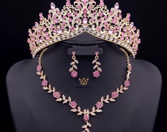 Pink Crystal Bridal Tiara Jewelry Set | Gold Wedding Crown Necklace Earrings