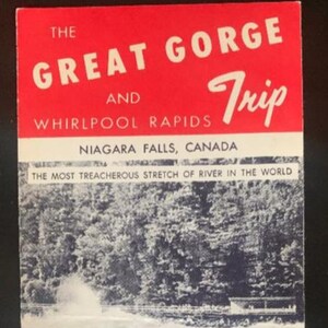 Folleto y mapa de viajes vintage de mediados de siglo: La Gran Garganta y los Rápidos del Remolino - Cataratas del Niágara, Canadá