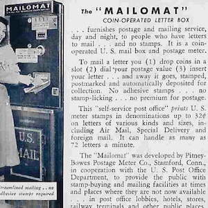 Vintage unbenutzte 1950er Jahre illustrierte Fotopostkarte - Werbung - Der Mailomat - Münzbriefkasten - USA - Technologie