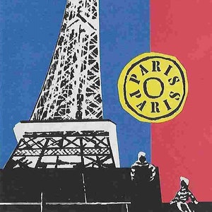 Puede incluir: Una ilustración en blanco y negro de la Torre Eiffel frente a un fondo azul y rojo. Un círculo amarillo con la palabra "PARIS" escrita dos veces en negro se encuentra en la esquina superior derecha de la imagen.