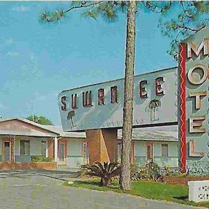 Carte postale vintage inutilisée avec photo de voyage du milieu du siècle - Suwanne Motel - Folkston, Géorgie - Publicité