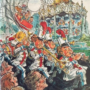 Könnte beinhalten: Illustration einer lebhaften Jahrmarktszene. Eine Marschkapelle in weißen Uniformen mit roten Akzenten spielt vor einem Karussell und einer Achterbahn. Zuschauer beobachten die Band und fahren Achterbahn.