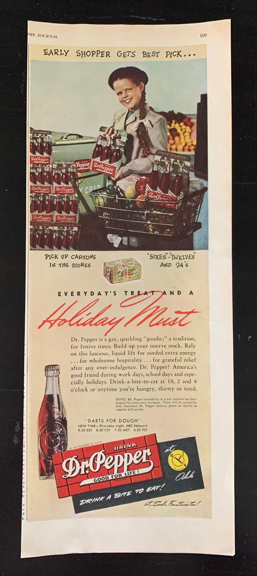 Vintage Christmas Illustrated 1940's Advertisement - Dr. Pepper