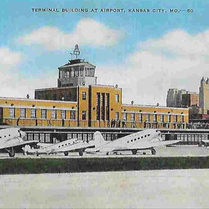 Carte postale photo de voyage inutilisée vintage du milieu du siècle - Bâtiment du terminal de l'aéroport - Kansas City, MO - États-Unis