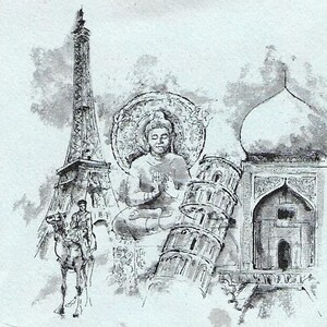 Peut inclure: Un croquis en noir et blanc d'une statue de Bouddha assise en position de lotus, avec la tour Eiffel, la tour penchée de Pise et une mosquée en arrière-plan.