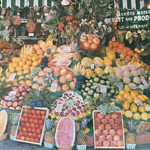 Cartão postal de viagem vintage com foto usada - Mercado de agricultores, Califórnia - EUA