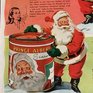 Vintage kerst geïllustreerde advertentie jaren 40 - kameelsigaretten - Prince Albert Tobacco - kerstman