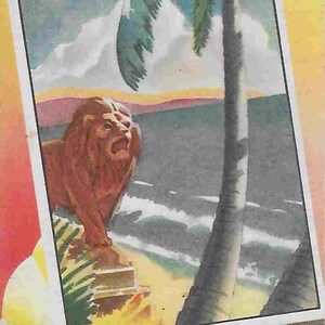 May include: A vintage travel brochure for Georgia and Florida with a yellow, red, and white color scheme. The brochure features a compass, a lion, a palm tree, and a beach scene. The text "Shell Tour Tips" is printed in red on a yellow background.