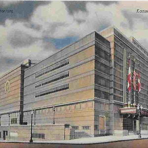 Cartão postal com foto de viagem vintage não utilizado dos anos 40 - Auditório Municipal - Kansas City, MO