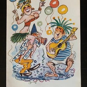 May include: A colorful cartoon illustration of three people celebrating. A woman in a green and red costume holds a glass of champagne. A man in a blue and white striped shirt plays a guitar. A man in a blue and white patterned shirt holds a party horn. The illustration is set against a white background with blue, red, yellow, and green balloons.