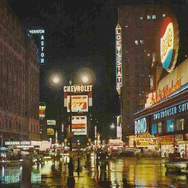 Vintage Mid Century Used Photo Postcard - NYC - Times Square -Pepsi - Chevrolet Ad