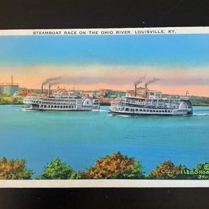 Stara nieużywana pocztówka ze zdjęciem z podróży - Wyścig parowców na rzece Ohio, Louisville, KY, USA