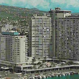 Postal fotográfica de viaje vintage de los años 60, Hotel Ilikai, Waikiki, Hawái