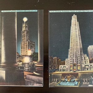 Cartão postal vintage sem uso da década de 1940 - Nova York - NYC - Vistas noturnas - Conjunto de 4