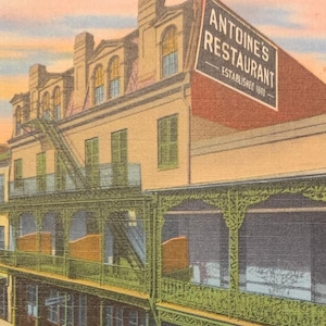 Cartão postal de viagem vintage com foto, sem uso - Restaurante Antoine's - Nova Orleans, LA - EUA