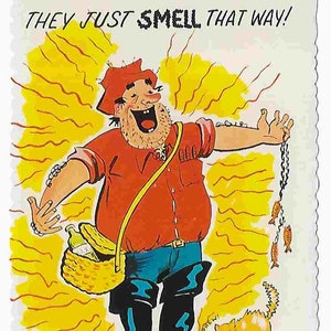 Postal ilustrada divertida vintage de mediados de siglo sin usar - Humor - Pescador