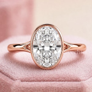 Oval CVD Diamond Engagement Ring, Bezel Set Solitaire Split Shank (2ct)