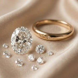May include: An oval-cut diamond and several smaller round diamonds are displayed on a satin surface. A gold band ring with a small diamond is also present. The diamonds sparkle against the soft, neutral background.