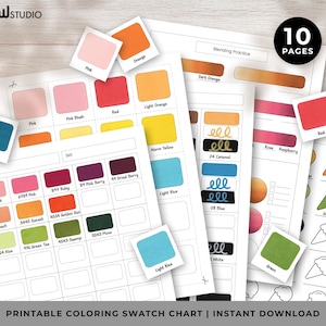 May include: Printable colouring swatch charts with colour samples and blending practice sheets. The charts feature various colours, including pink, orange, blue, and green, with the text "10 PAGES" and "PRINTABLE COLORING SWATCH CHART | INSTANT DOWNLOAD".