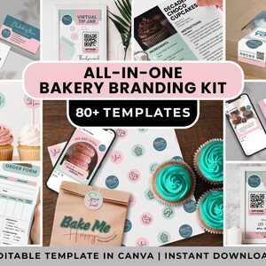 May include: An all-in-one bakery branding kit with over 80 templates. The image showcases business cards, cupcake toppers, social media mockups, and packaging. The kit includes editable templates for Canva and instant downloads. The color scheme is pink, teal, and white.