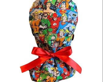 Super Hero Ponytail Scrub Hat Satin Lined, FREE SHIP, Medical Surgical Hat, Long Hair Protection Nurse Gift, Satin Ribbons, Buttons